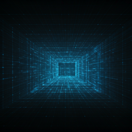 Abstract digital architectural visualization with glowing blue lines representing blockchain pathways in a dark professional void