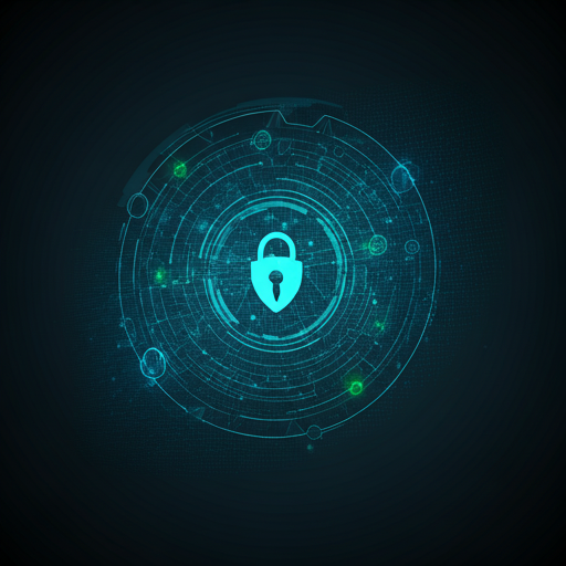 Modern security data visualization on a dark digital screen with glowing blue and green nodes representing network safety