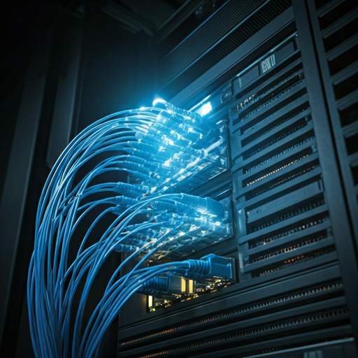 Close-up of high-end server room with glowing blue fiber optic cables and digital data streams representing blockchain infrastructure