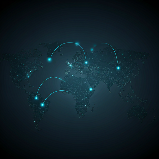 A dark stylized world map with glowing interconnected nodes representing global financial transactions